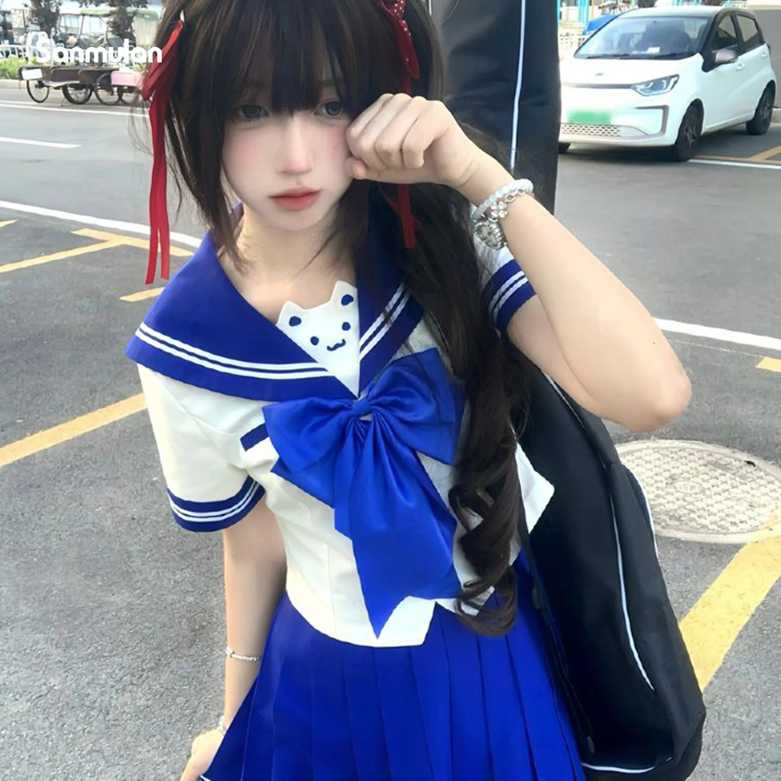 

Japanese Style Double Chest JK Uniform College Style Sweet Sailor Suit Kitten Pattern Embroidery Suit Female Short Sleeve