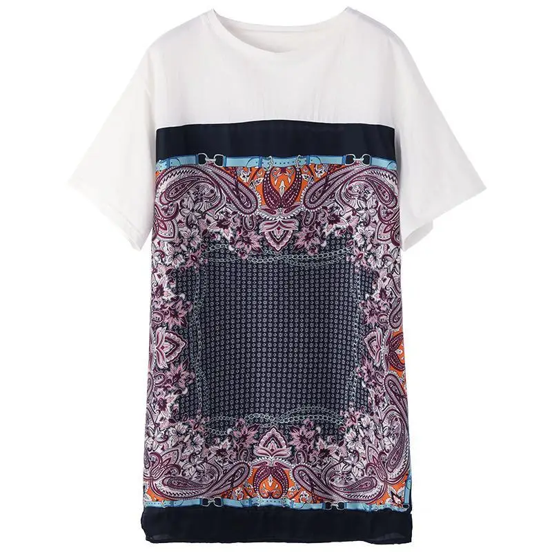 Fashion O-Neck Printed Spliced Loose Korean Mini Dress Women's Clothing 2023 Summer New Short Sleeve Office Lady Vintage Dress