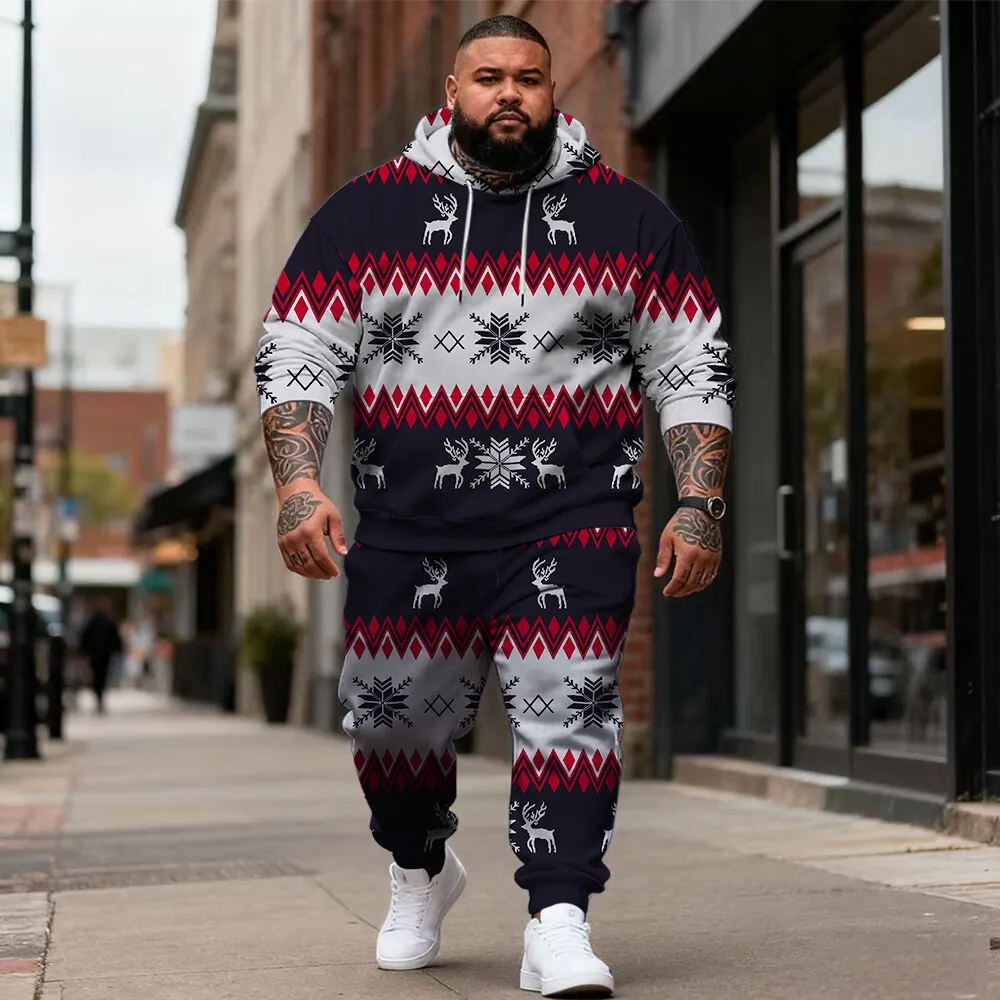 

S-9xl plus size Big & Tall Men's 2-Piece Hoodie Set - Christmas-Themed with Texture Plaid, Breathable Material,