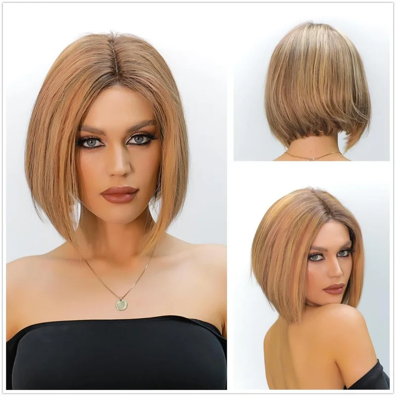 Women Short Bob Wigs Honey Blonde Brown Highlight Lace Front Wigs Human Hair Wig