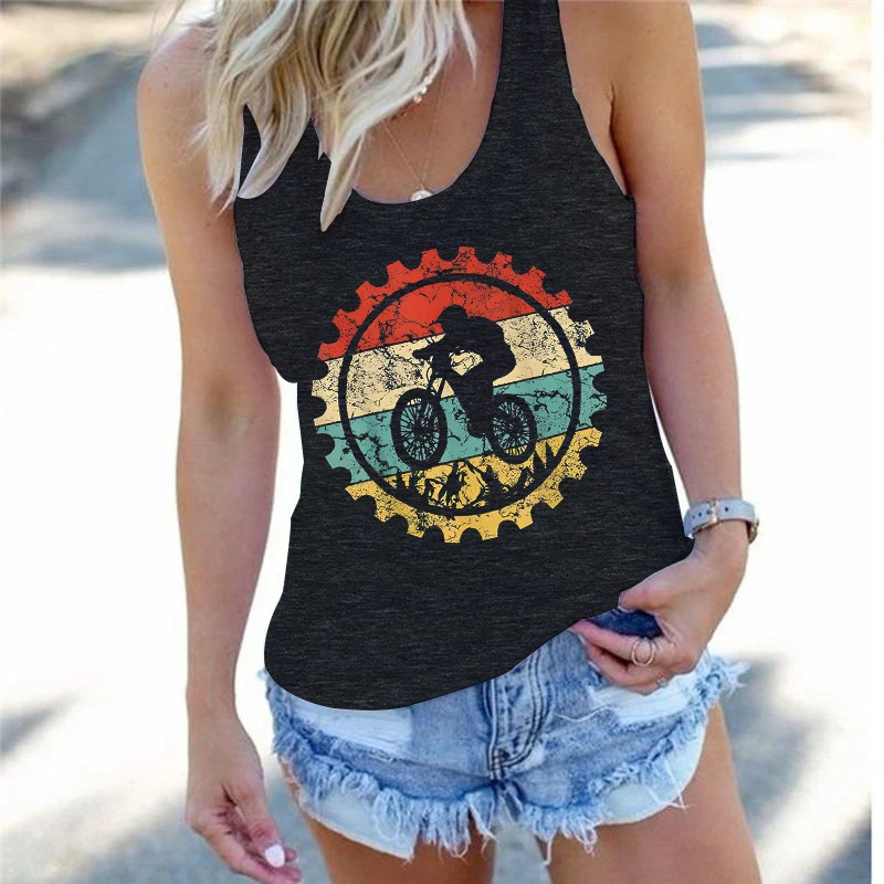 Mountain Bike Cycling Theme Outdoor Graphic Print Racerback Tank Tops Women Retro Outdoor Mountain Biking Sleeveless Vests