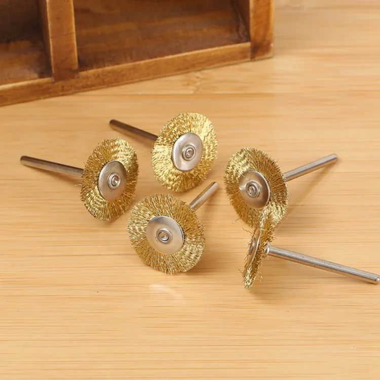 5pcs 25mm Polishing Copper Wire Brush Wheel Drill Rotary Grinding Machine Tools Golden 3.17mm Shank Dremel Accessories Golden