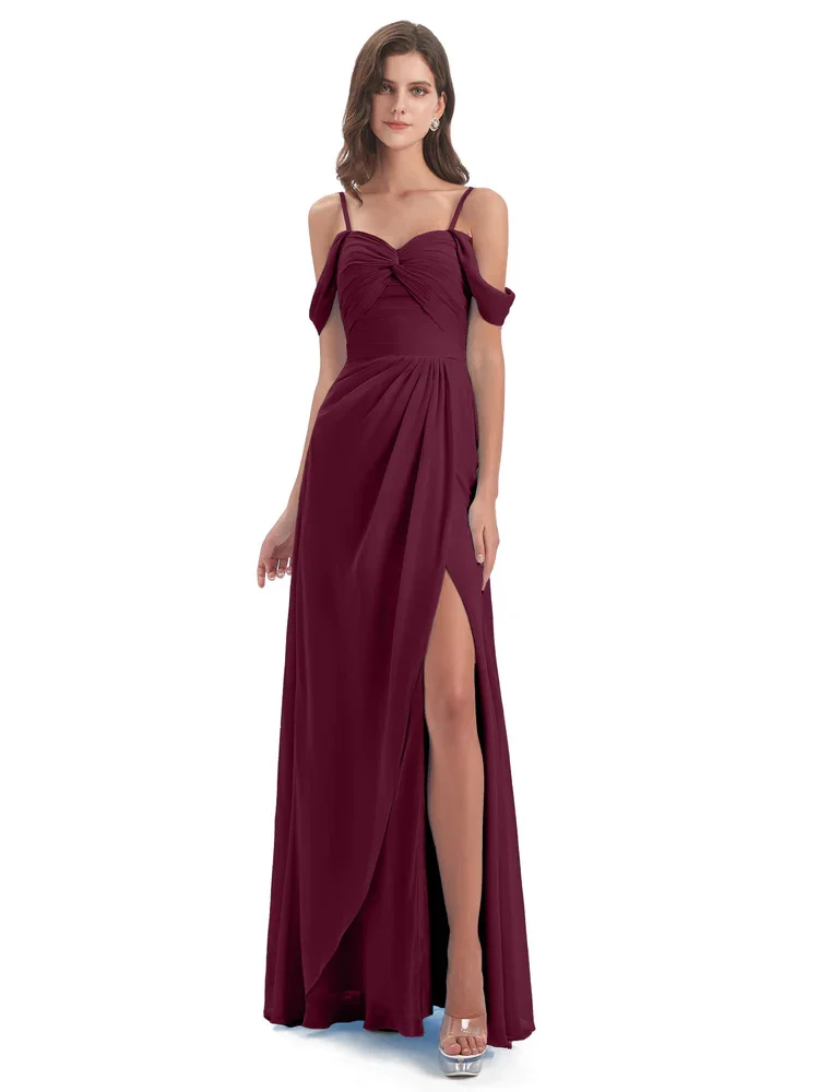 

New Arival A-Line Off-Shoulder Neckline Spaghetti Straps Chiffon Bridesmaid Dress Elegant Zipper Back Gowns For Wedding Guests