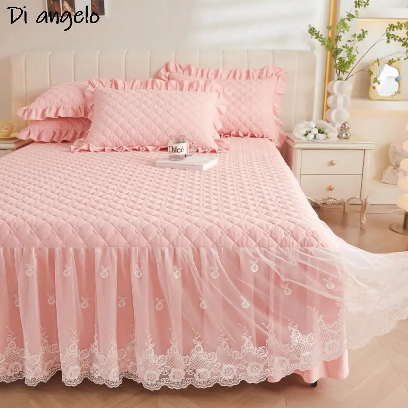 Gonna da letto ispessita di lusso rosa, lenzuolo in pizzo ricamato, coperta di copertura, gonna, federe, King, Queen, Twin, # /L