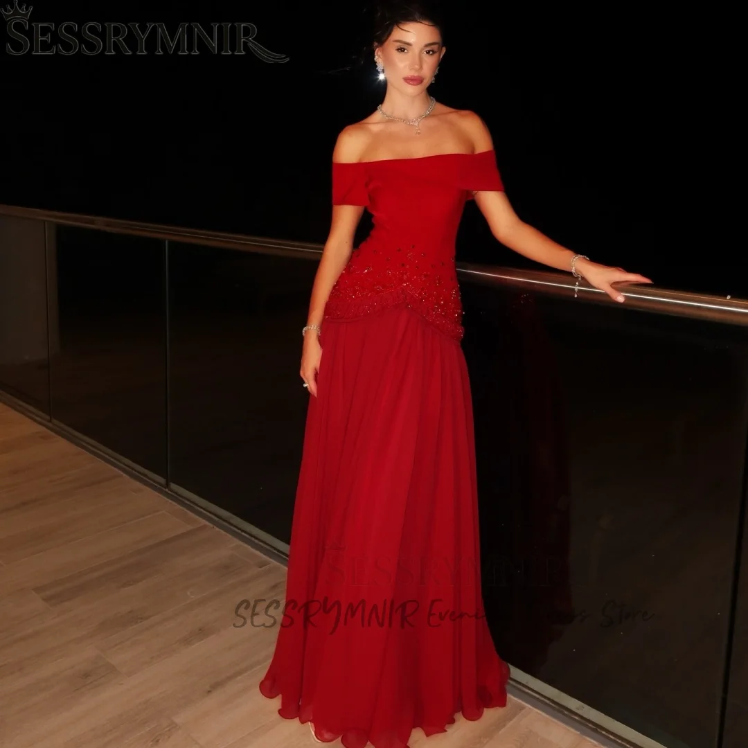 SESSRYMNIR Women'S Formal Evening Gowns Customize Red Off-The-Shoulder Elegant Party Dresses Beading A-Line Birthday Dresses