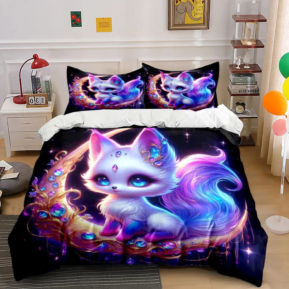 Enchanted Fox on Radiant Crescent Print Bedding Set 1 Duvet Cover 2 Pillowcases for Adult and Children Luxury Gift Full Size