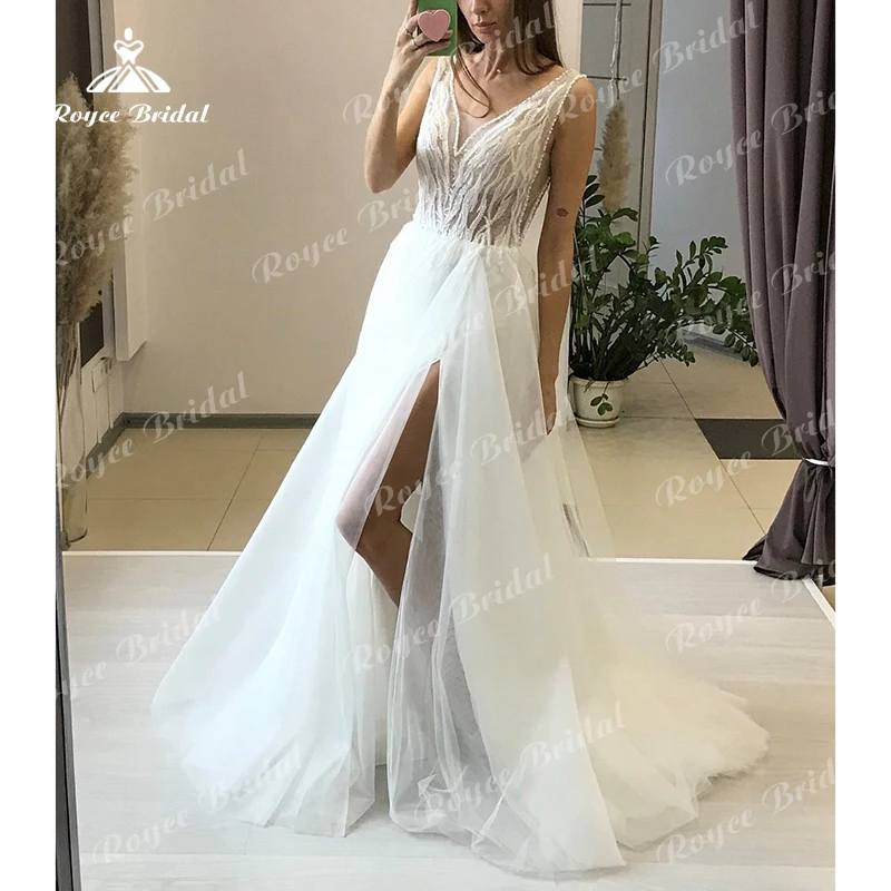 Boho Sexy High Split V-neck Sleeveless Lace Applique Beading A-Line Wedding Dress Netting Bridal Gown Sweep Beach robe de mariée