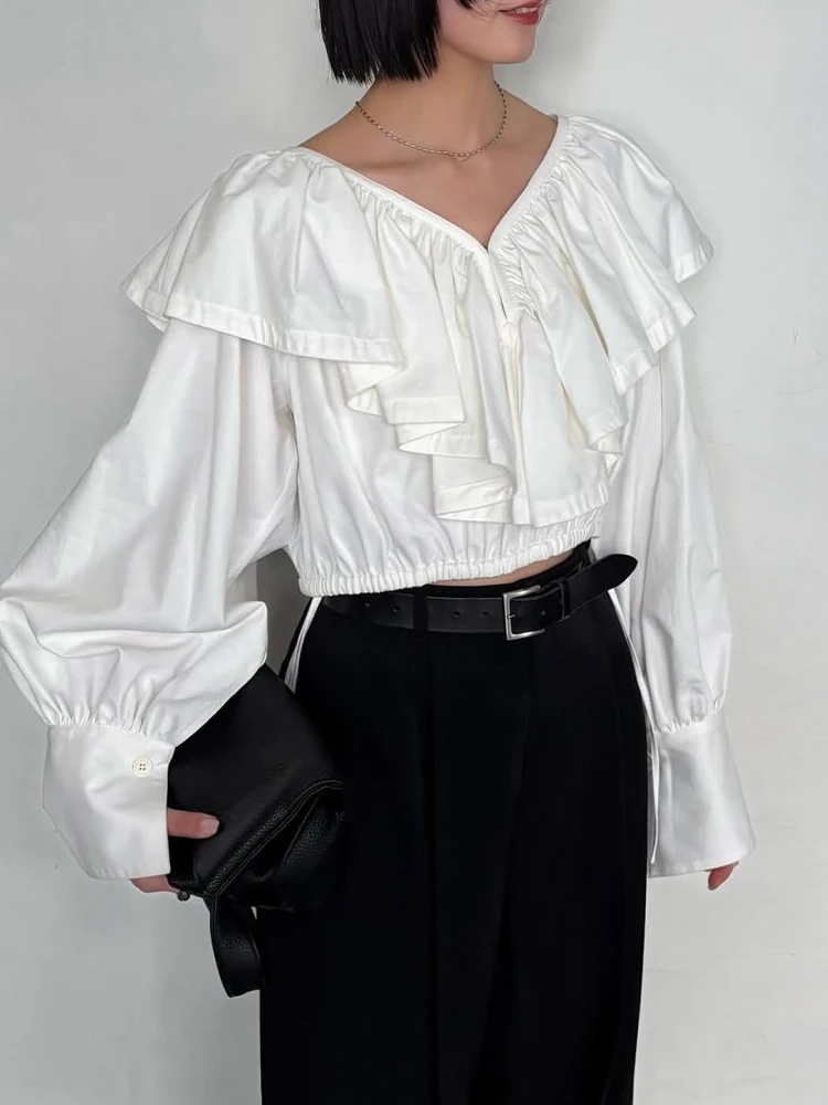 

Shaline White Short Shirt Double Layer Lace V Neck Lantern Sleeve Drawstring Gentle Style Women's Cotton Pure Color Top