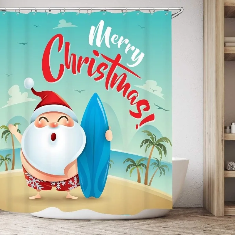 Christmas Surfing Santa Palm Tree Island Beach Shower Curtain No Drilling Waterproof Bathroom Decor Set with 12 Hooks