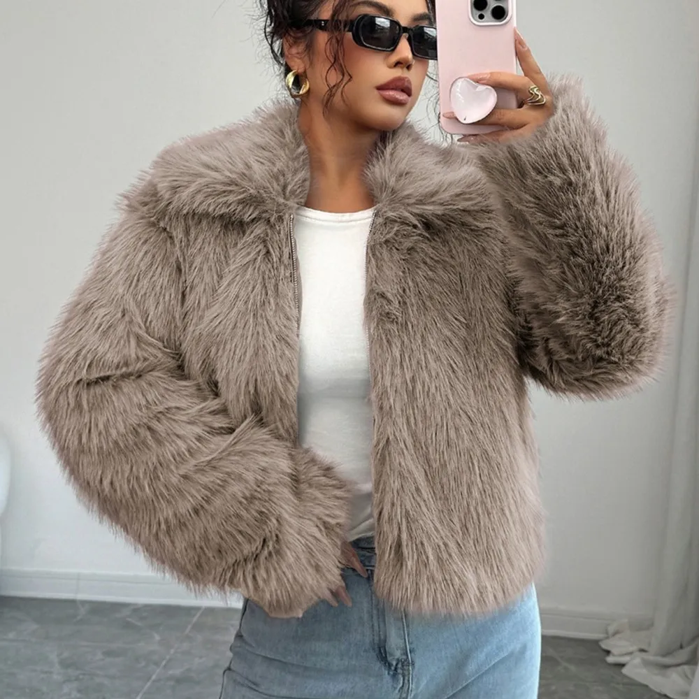 Fur Coat Woman Winter Clothes Loose Temperament Casual Commuting Turn-down Collar Solid Color Trendy Simple Style All-match