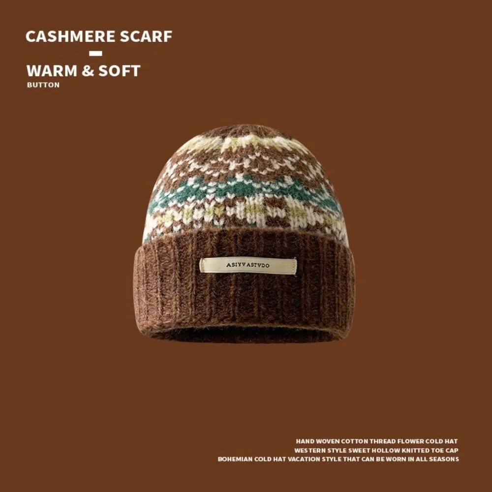 Solid Color Knitted Winter Hat Soft Knitted Color Contrasting Casual Beanies Retro Jacquard Cold Resistant Warm Knitted Hat