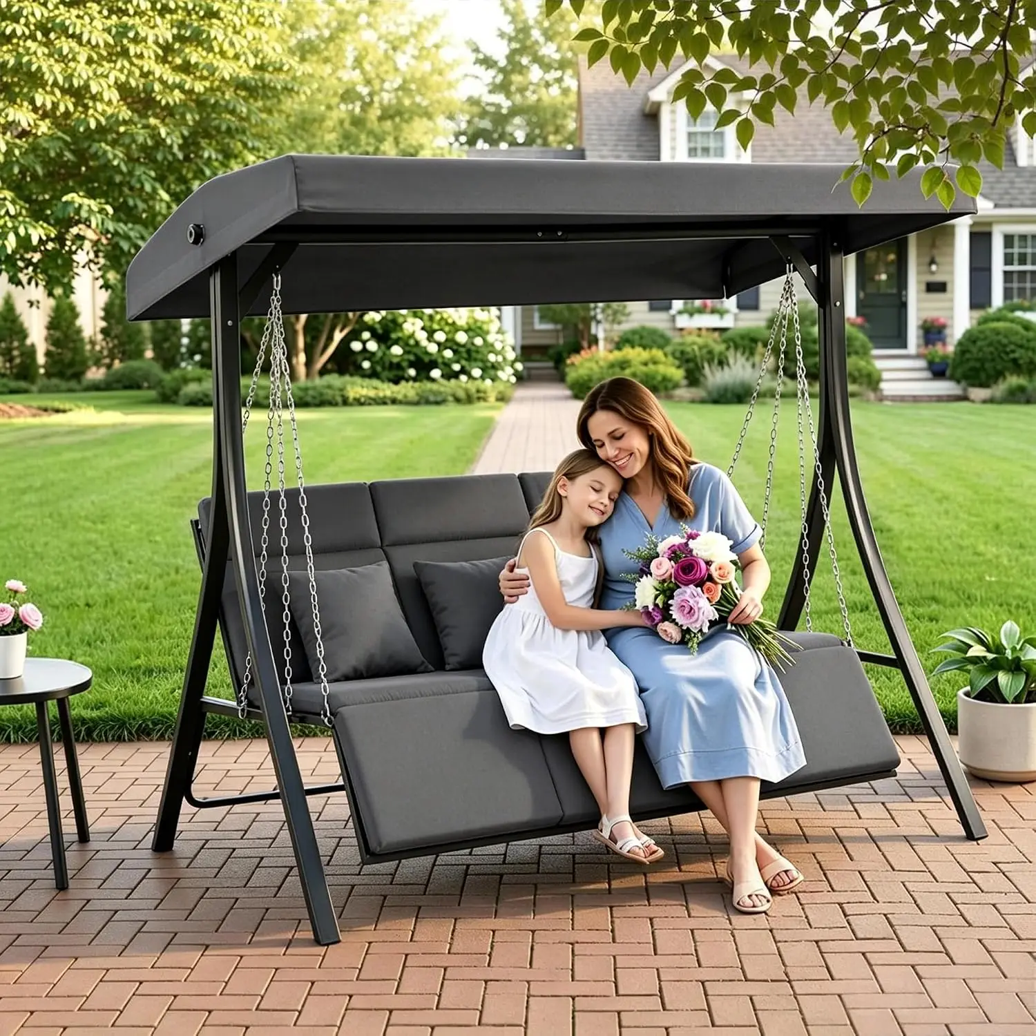 3-Seat Convertible Porch Swing for Various Postures, Reclining Outdoor Swing Chair with Chain Armrest, Patio Glider, Customized