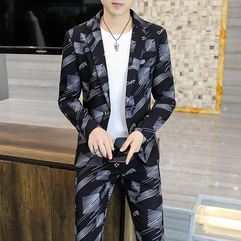 Autumn 2025 Men's Slim Fit Korean Style Suit-Trousers Two-Piece Set Trendy Handsome Lettering Fashionable Casual Outfit