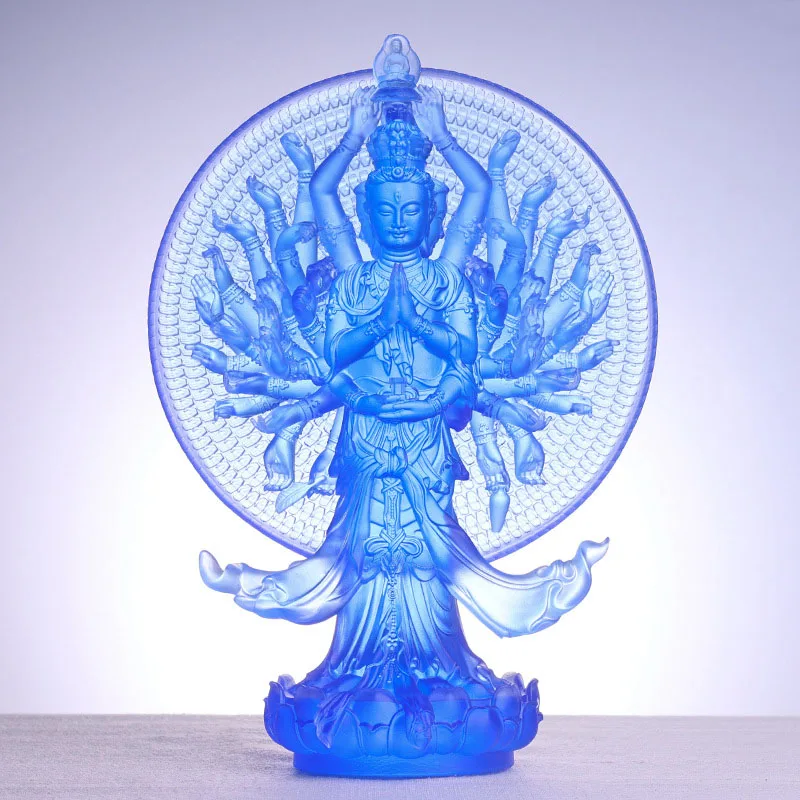 Stately Thousand-hand Bodhisattva Color Glazed Guanyin Buddha Statue Crystal Sculpture Home Protect Hanging Figurine Decoration