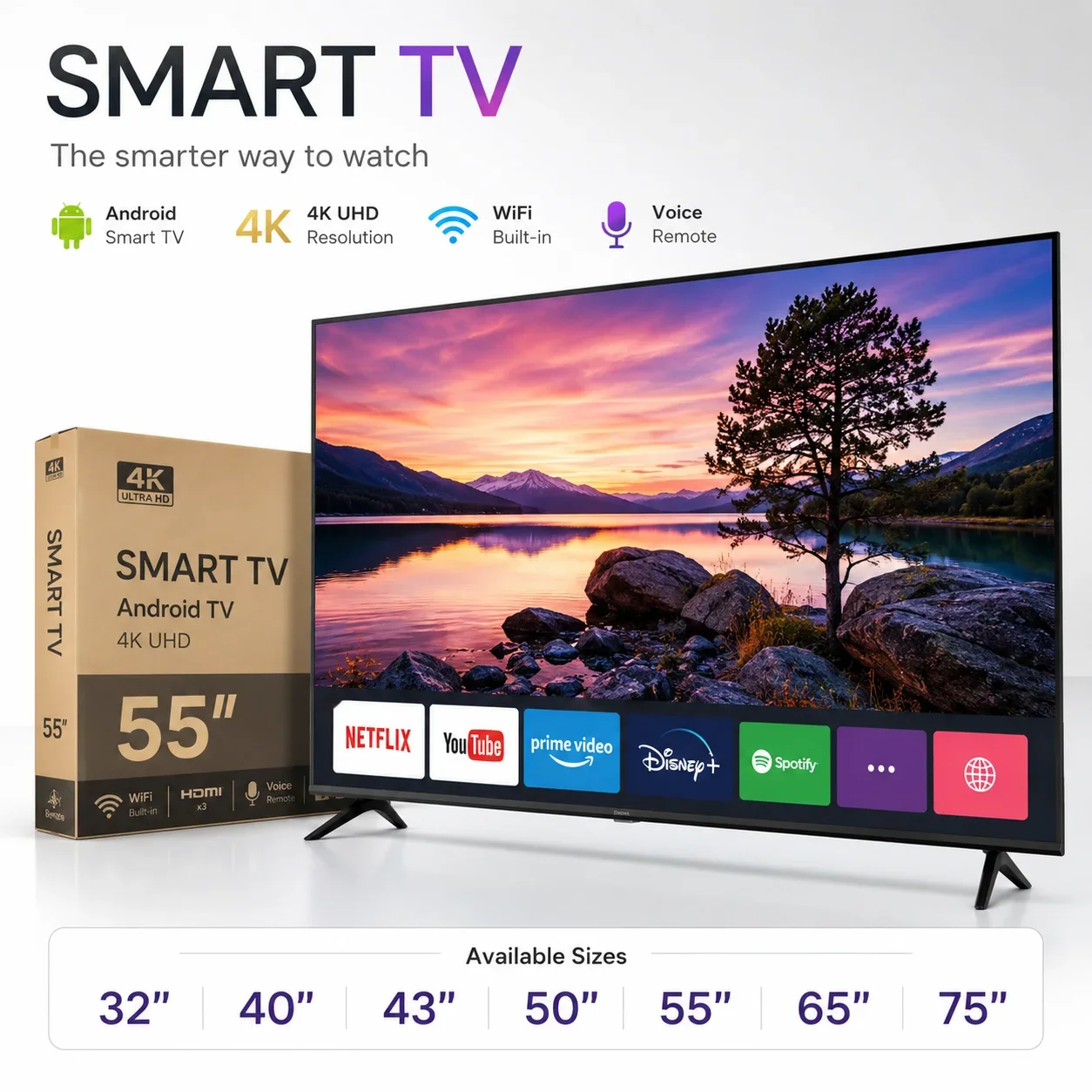 NallonHU 32/43/55 Inch Android Smart TV 4K UHD LED Television WiFi Voice Remote HDR10+ HDMI USB Home Hotel TV