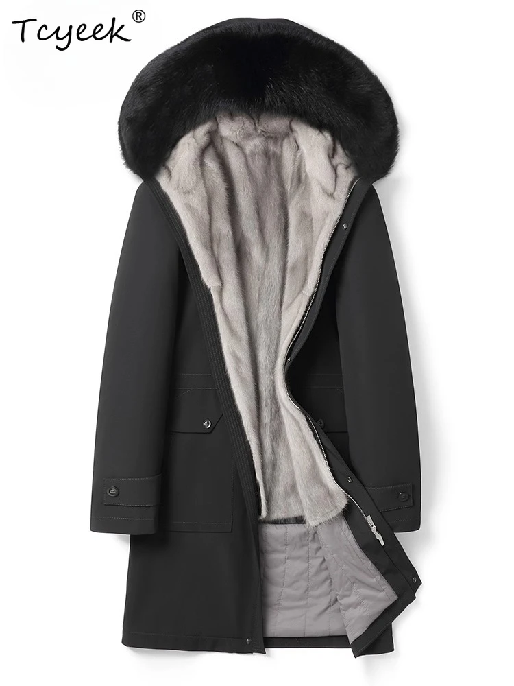 

Tcyeek Пальто из натурального меха Мужская зимняя одежда Теплая куртка из натуральной цельной норки Модные мужские пальто Новая верхняя одежда 2025 Воротник из лисьего меха