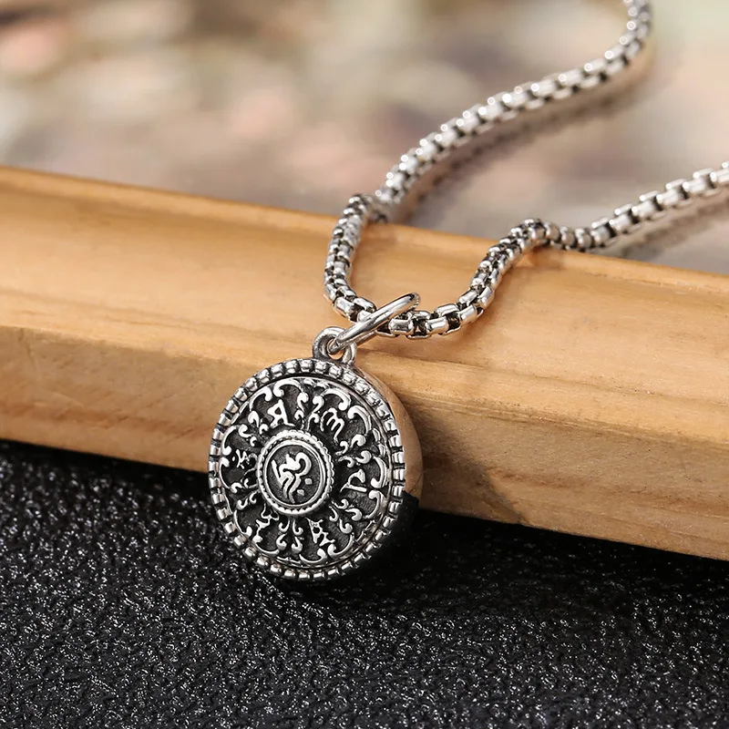 S925 Sterling Silver Six Words Pendant Black Color Buddhism Rotatable Unisex Fine Jewelry FYNE331