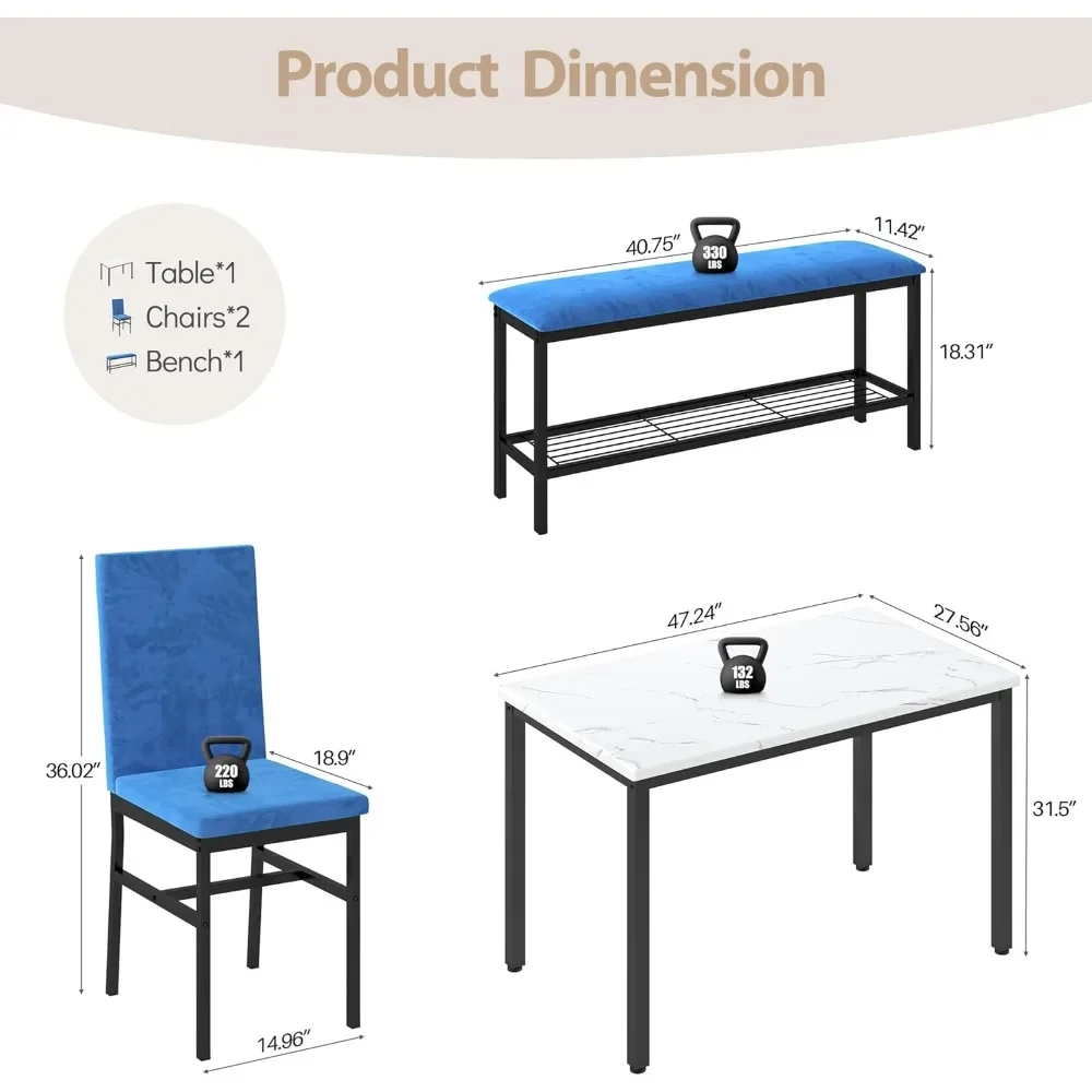 4-Piece Dining Table Set for 4, 47.24-Inch Kitchen  with Upholstered Velvet Bench & Chairs, Space-Saving Modern Faux Marble