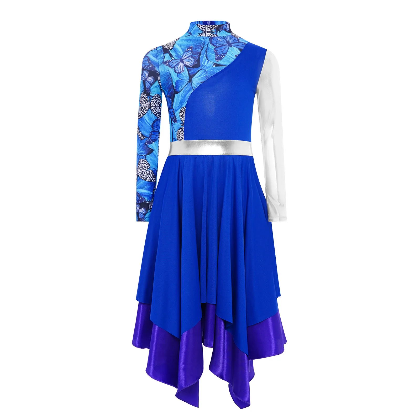 

Kids Girls Liturgical Praise Dance Dress Long Sleeve Print Metallic Color Block Splice Irregular Dress Contemporary Modern Dress