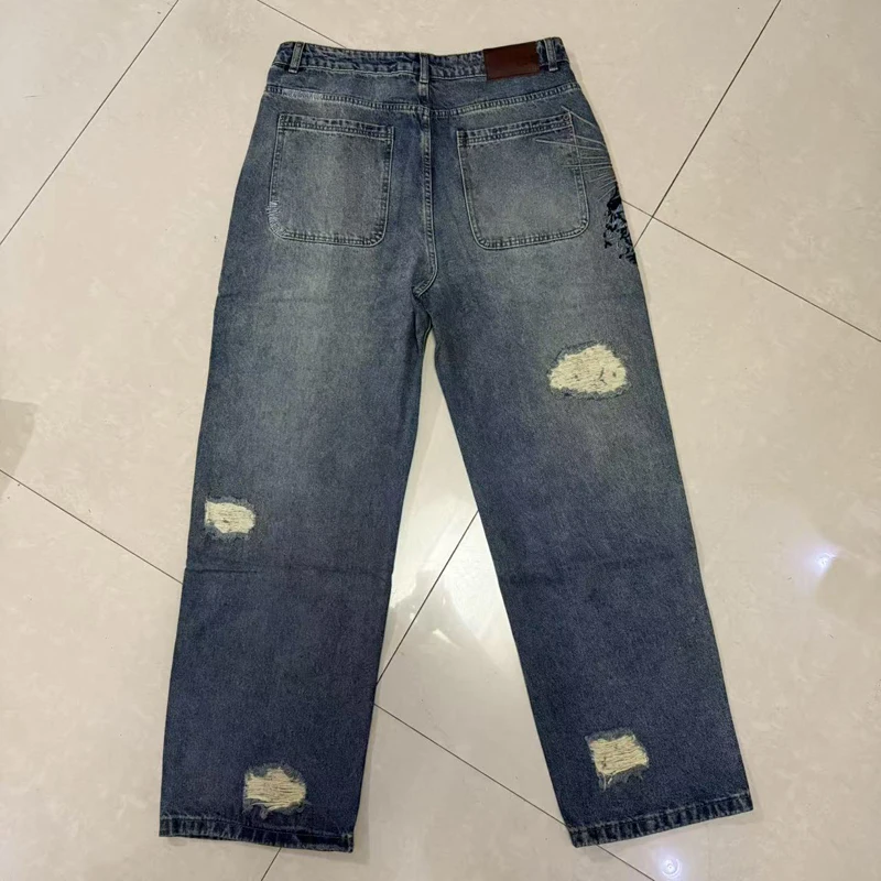 بنطلون جينز Derschutze ممزق ومطرز بأرجل مستقيمة Y2K للجنسين من ماركة DERSCHUTZE من قماش الدنيم #3