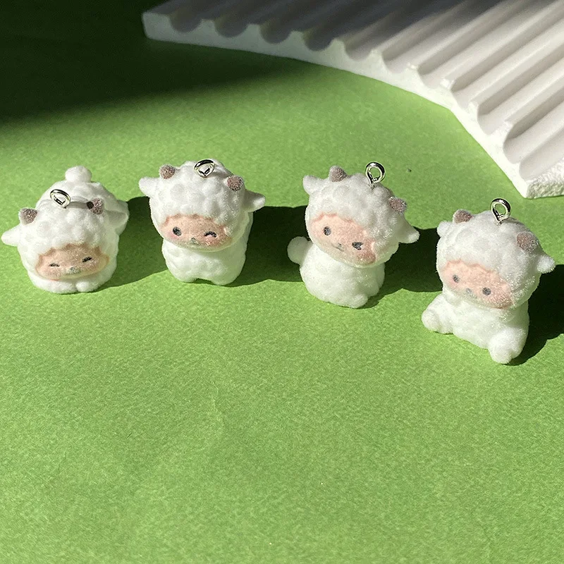 20pcs 3D Fluffy flocking Cute Little Sheep Charms Cartoon Resin Doll Pendant For DIY phone bag keychain crafts Jewelry make