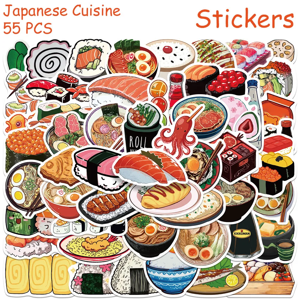 55pcs Japanese Cuisine Stickers Decals For Laptop Scrapbook Skateboard Helmet Refrigerator DIY Graffiti Aesthetic Stickers