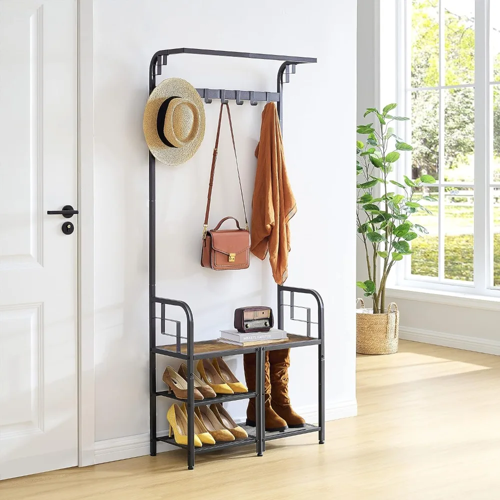 Tajsoon Coat Rack, Hall Tree with Shoe Bench for Entryway, 3-in-1 Shoe Rack Different Heights, Entryway Bench with Coat Rack