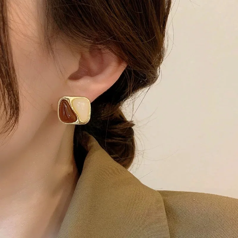 Vintage Brown Resin Square Stud Earrings, Women's Gift