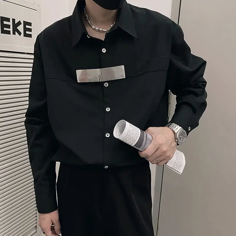 American Casual Loose Shirts Men\'s Clothing Solid Color Basic Spring Autumn Lapel Stylish Spliced Commute Single-breasted Shirts