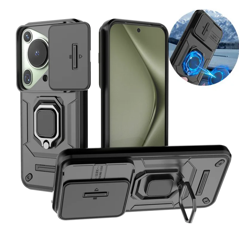 Shockproof Armor Phone Case For Huawei Pura 70 Ultra P70 Pro Plus Lens Protect Ring Holder Cover For Huawei P70 Pro+ Pura70 Art