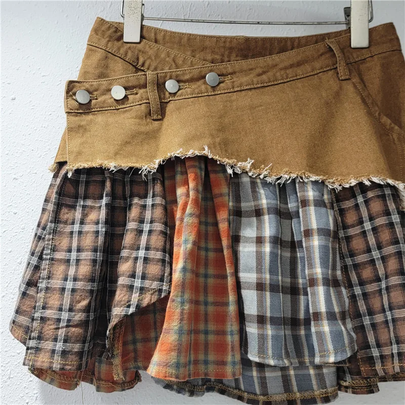 Women Irregular Grids Splicing Ruffles Irregular Denim Pleated Skirt Short Summer High Waist A-line Plaids Ruched Skirt Faldas