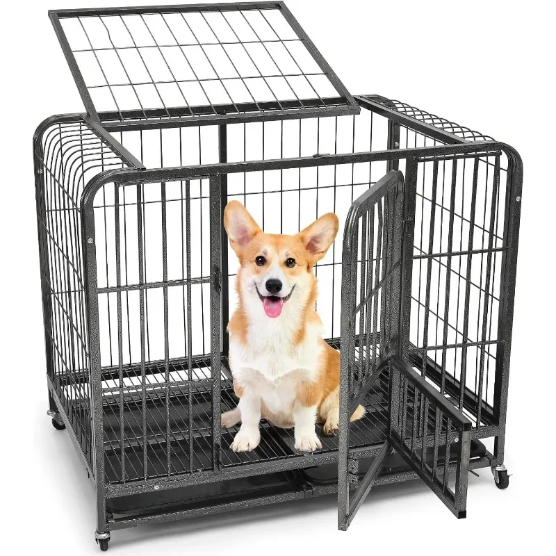 Heavy Metal Kennel, Indestructible Crate, Escape Proof Crate with Lockable Wheel, Large Two-door Crate with Removable Tray