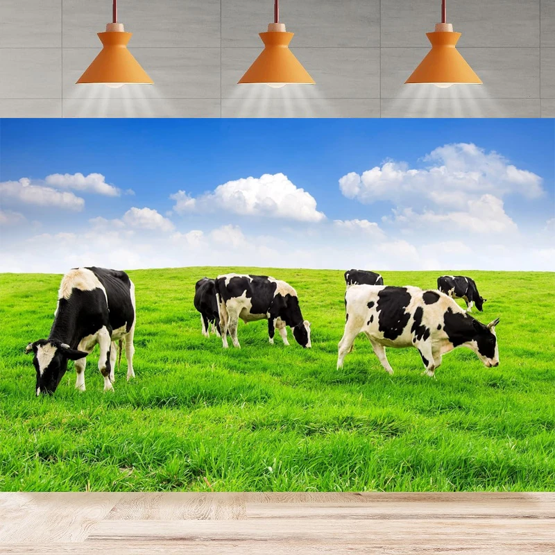 Green Field Cows Photography Backdrop Summer Meadow Blue Sky White Clouds Cows Grazing Background Party Backdrop Wall Banner