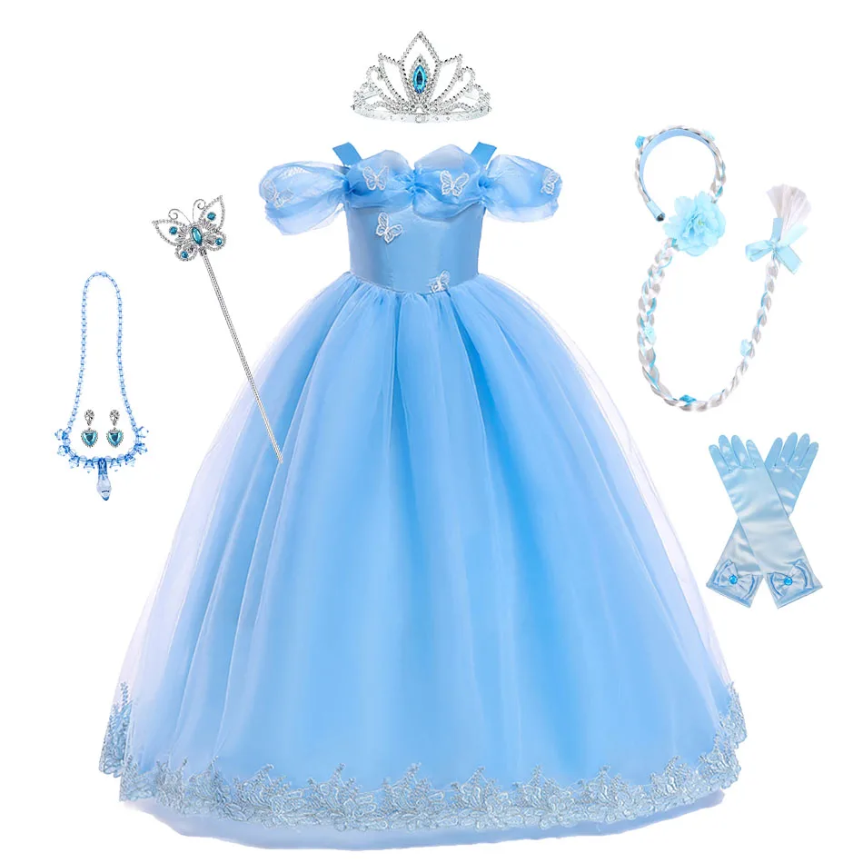 Ragazze capodanno blu abito lungo per bambini natale festa di compleanno abiti farfalla cenerentola costumi Cosplay abiti per bambini