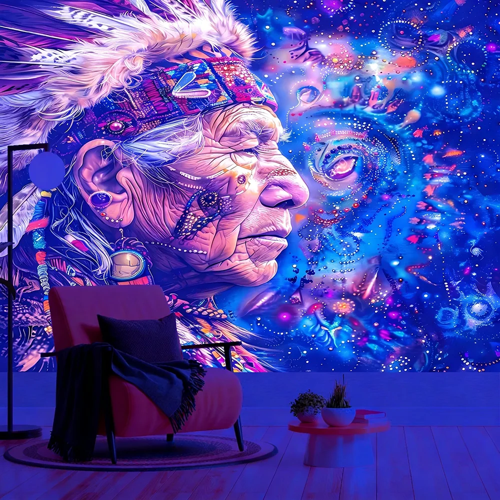 Glow-in-the-Dark Tapestry with Ethnic Art UV reaction tapestry background decoration wall hanging bedroom party decoration