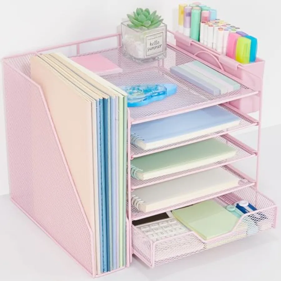 

Desk Organizer 5-Tier Paper Letter Tray Organizer with File Holder Drawer and Pen Holder Desktop Organizer for Office Supplies