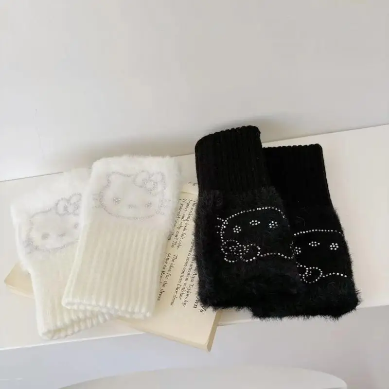 Hello Kitty Gloves Kawaii Sanrio Anime Girls Hot Stamping Bow Half Finger Gloves Cold Resistant Warm and Sweet Knitted Gloves