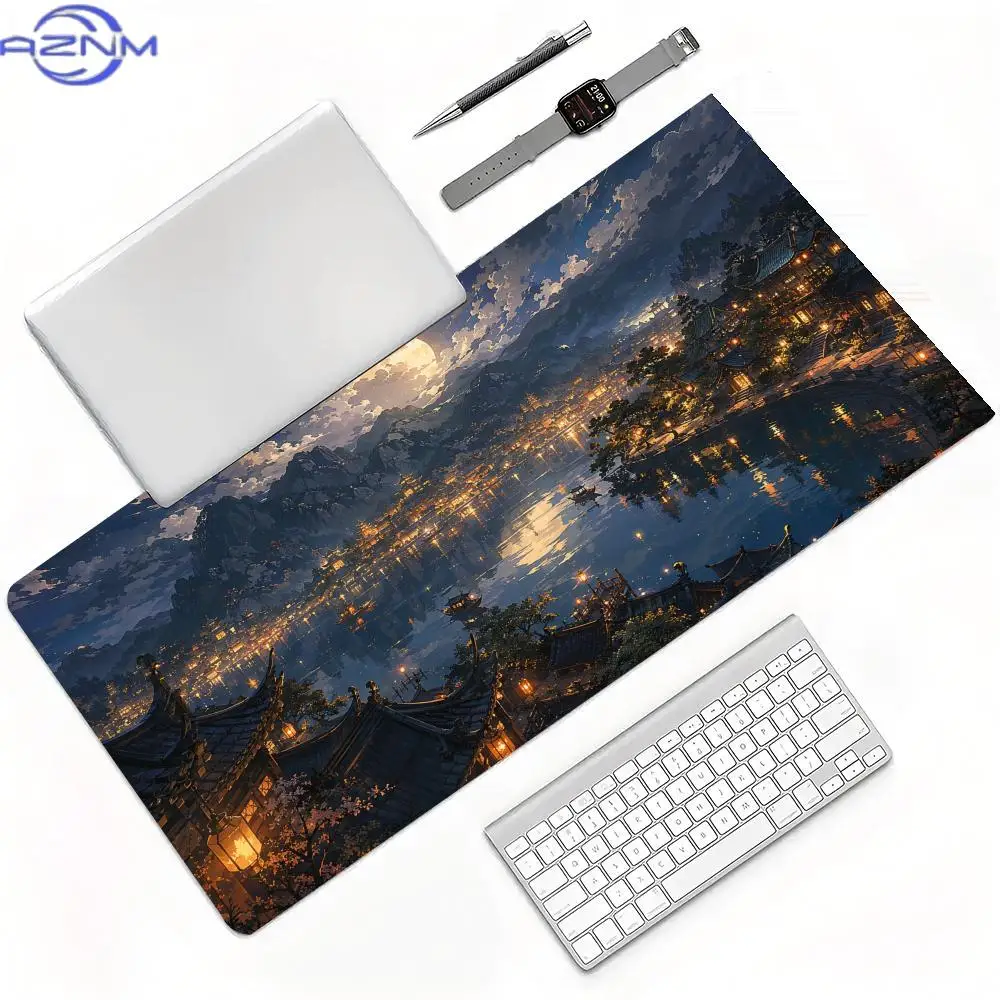 Watercolor Chinese Ancient Pavilion Large Mouse Pad Moon Lake Boat Mountain Scenery Art Desk Mat for Home Office Gaming Decor