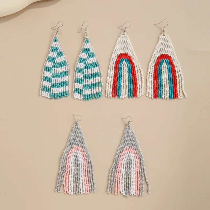 Beaded earrings Tassel Originality Rainbow Geometry Design Hand knitting Bohemia Alloy Tide Simple Rice bead earrings