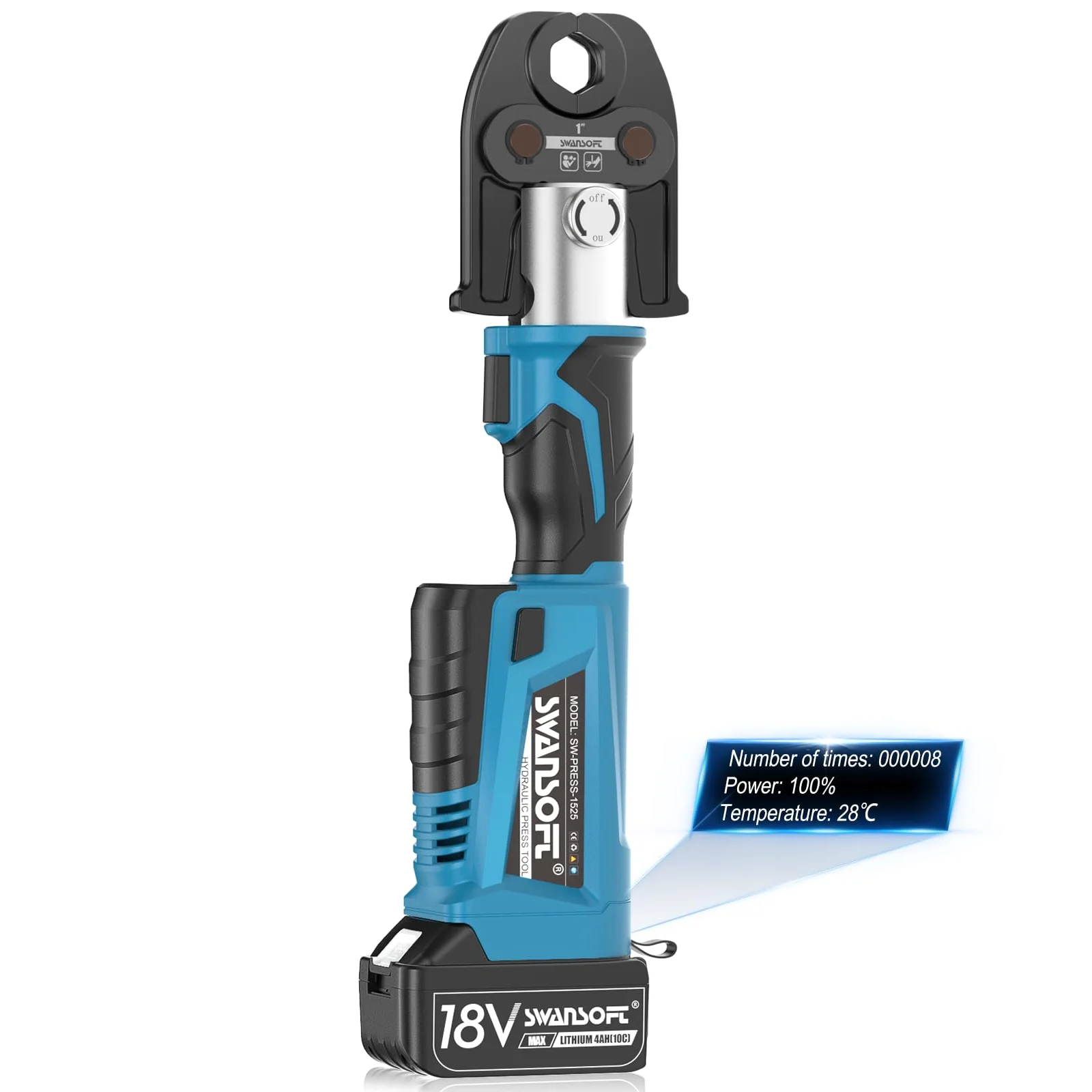 أداة مكشكشة نحاسية 22KN 18V 4Ah مع 3 أداة تجعيد أنابيب فكي قياسية أمريكية، أداة ضغط لاسلكية