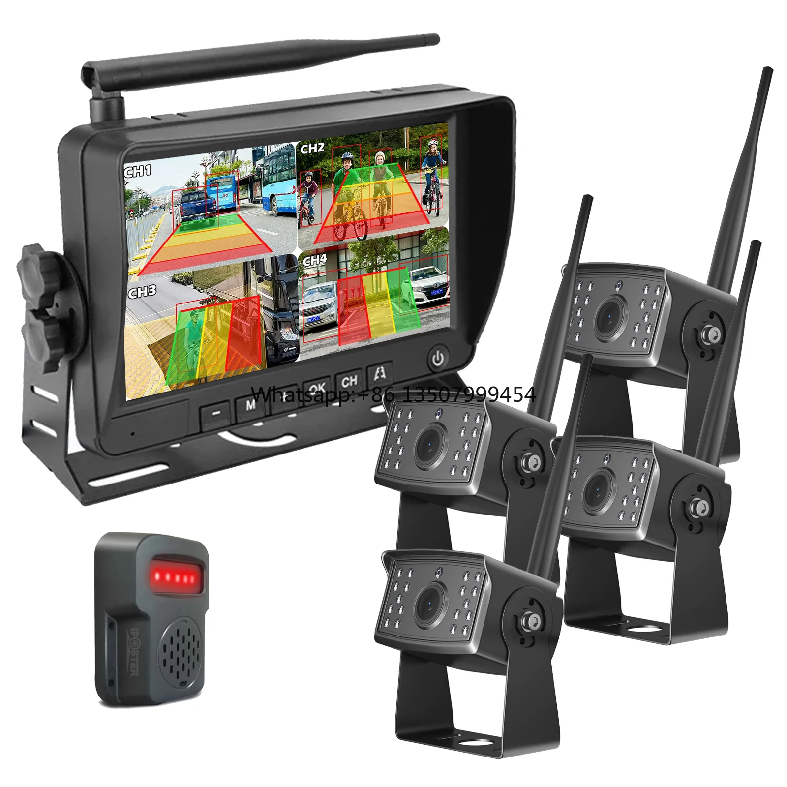 AHD Blind Spot Radar BSD Alarm DVR Recorder 7 Inch 4 Split Screen Monitor with IR Wireless Backup Cameras for Truck Bus Vans RVs