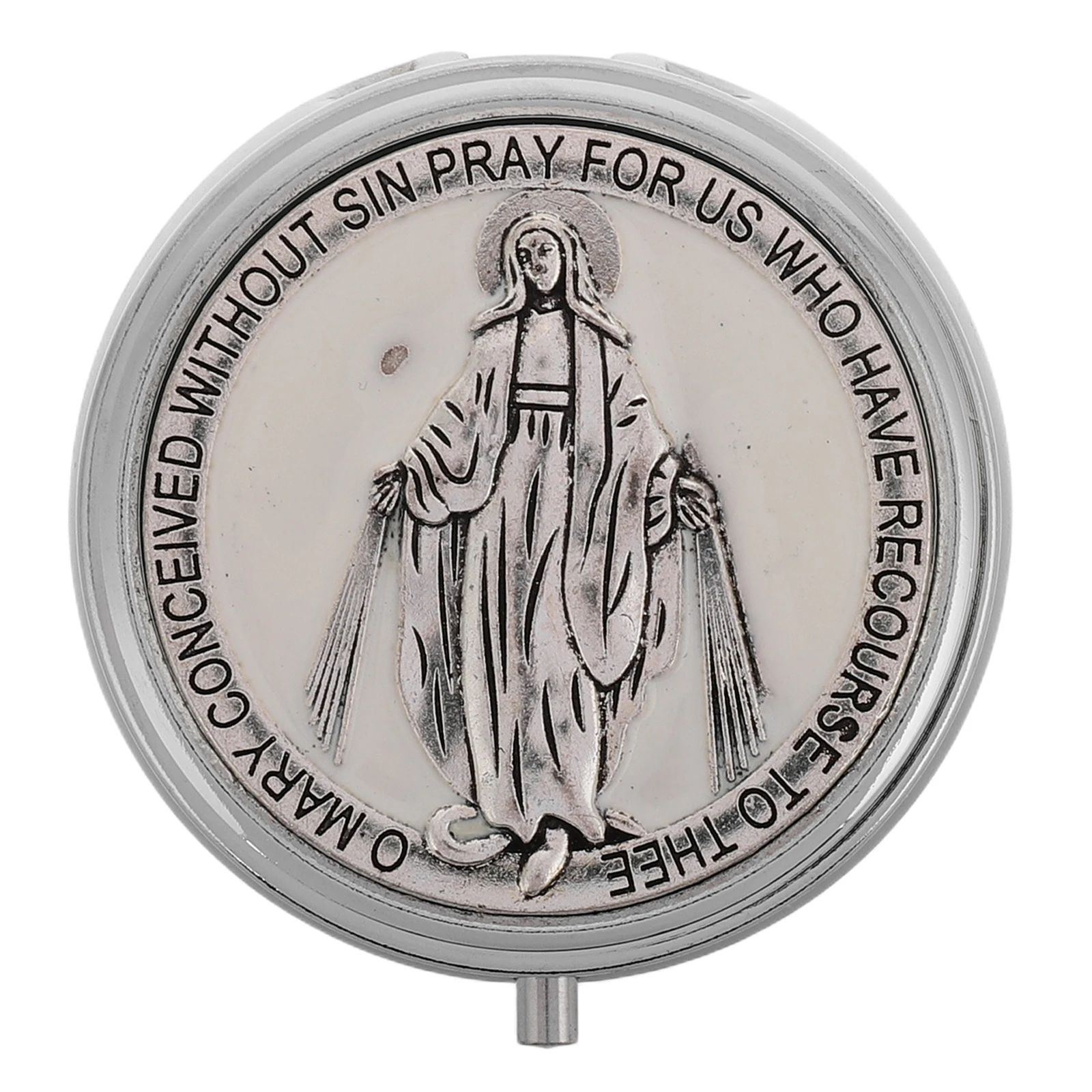 Jewelry Box Round Religious Keepsake Organizer Case First Communion Zinc Alloy Rosary Holder Metal Storage Small Trinket