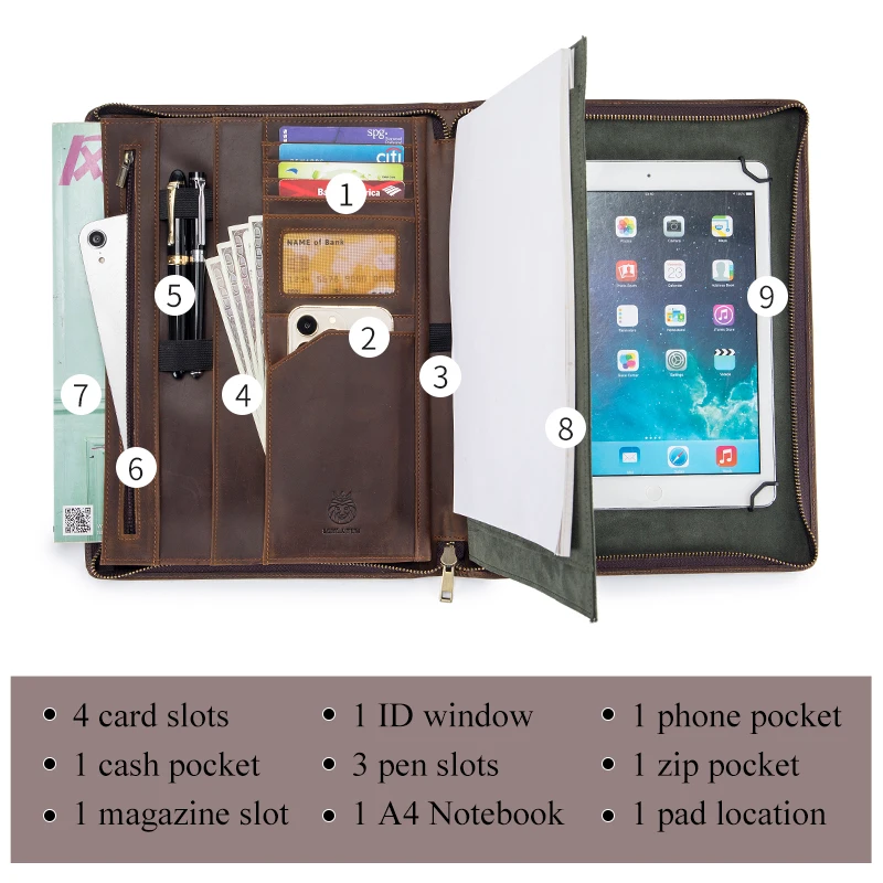 Multifunction A4 Crazy Horse Genuine Leather Padfolio Portfolio Men File Folder Phone Document Holder Organizer Executive Briefc