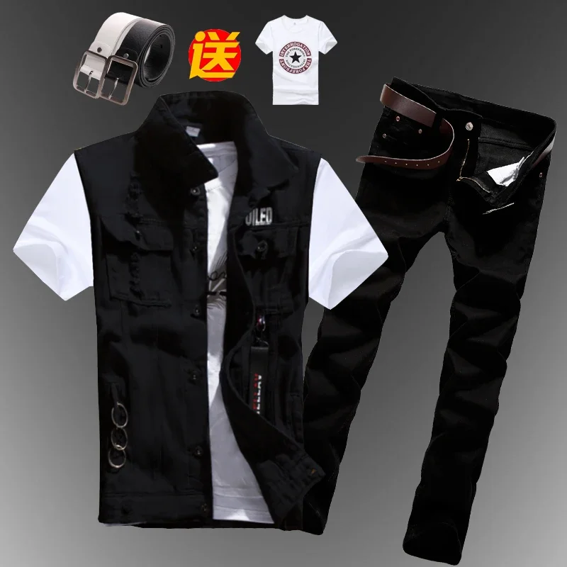 New Mens Boys Casual Denim Vest Sleeveless Waistcoat Summer Jeans Pants Trousers Slim Fit 2pcs Set