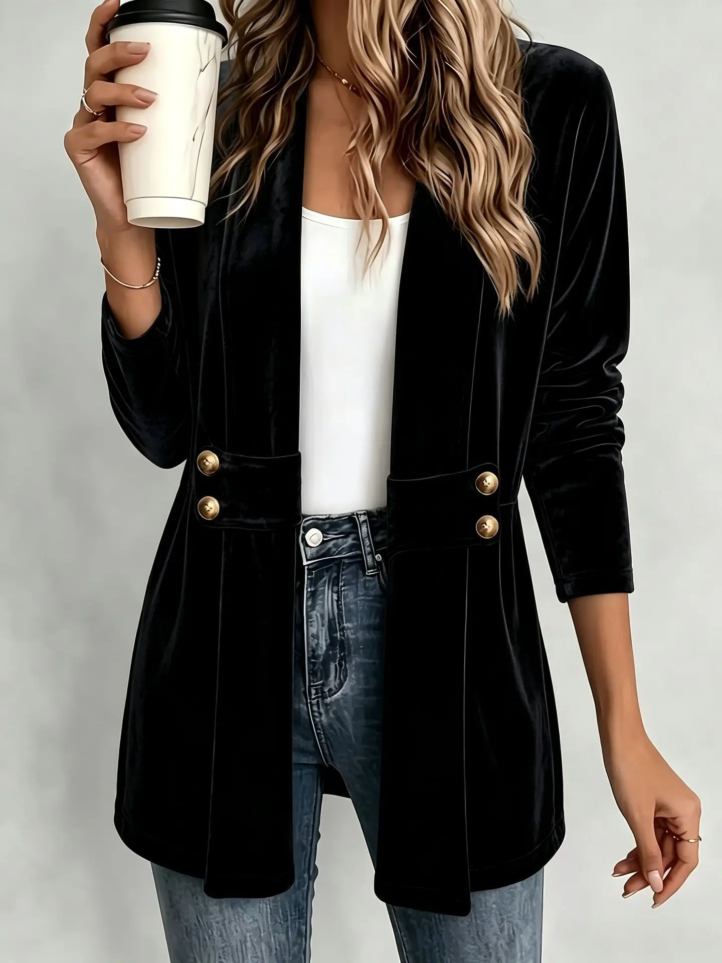 Women's Velvet Open Front Coat, Long Sleeve Loose Jacket, Casual Commuter Outfit, Fall Winter Must Have view 4