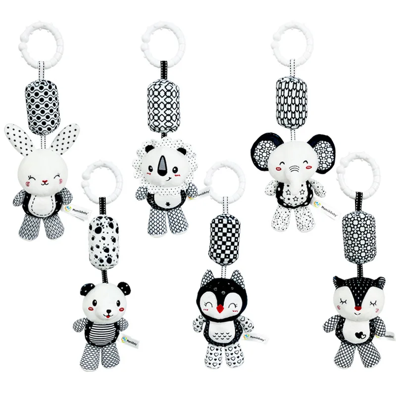 블랙 화이트 플러시 인형 아기 딸랑이 유모차 침대 걸이 벨 시각적 잡기 능력 훈련 장난감 신생아 선물 유아용