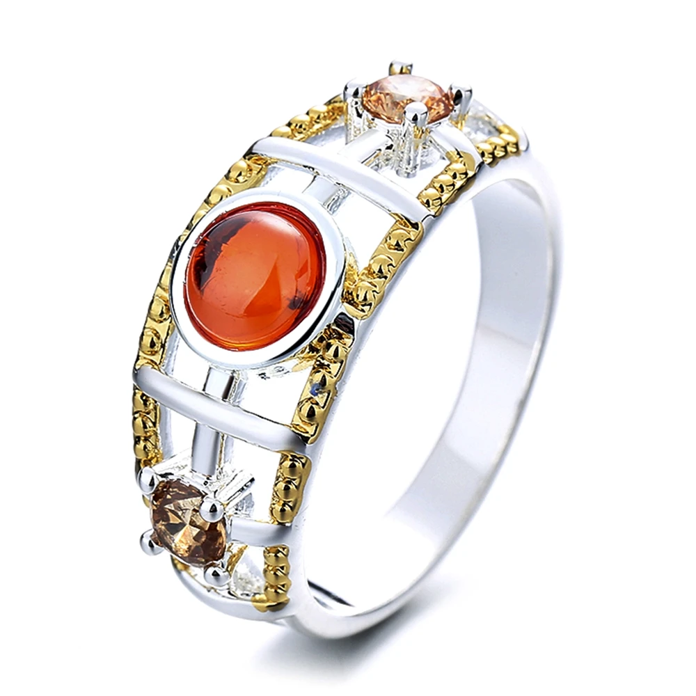 Trendy Orange Stone Jewellery With Champagne Cubic zircon Fashion Hollow design 2 Tone Ring