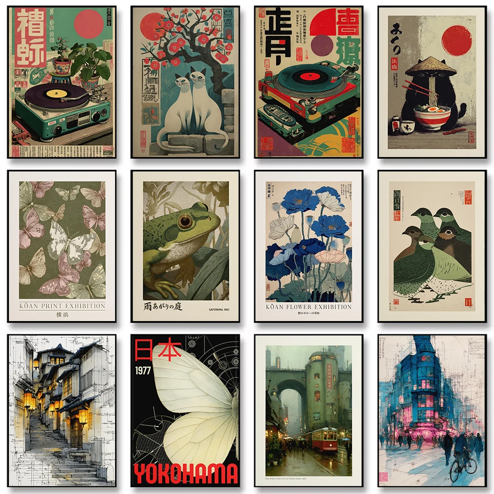 Japanese Ukiyo-e Retro Vinyl Records Black Cat Ramen Flowers Canvas Painting Wall Art Poster Picture Home Decor Mural Cuadros
