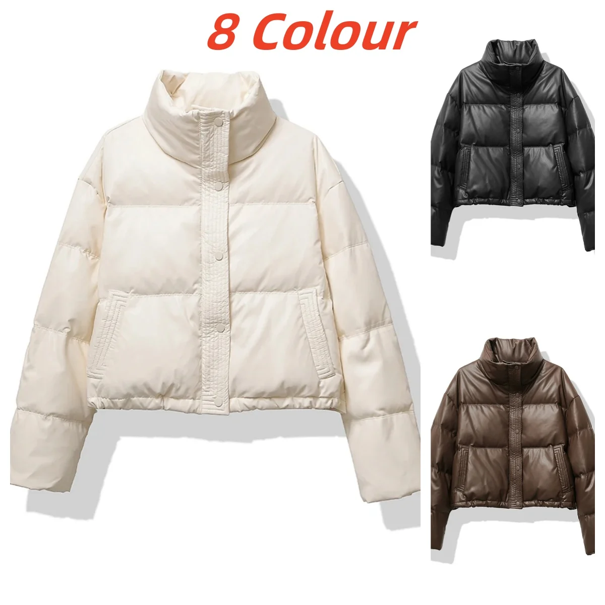 

Women Thickened Mock Neck Cotton-padded Jacket Single Breasted Pocket Casual Down Coat Winter Warm Loose Short Coat Fall