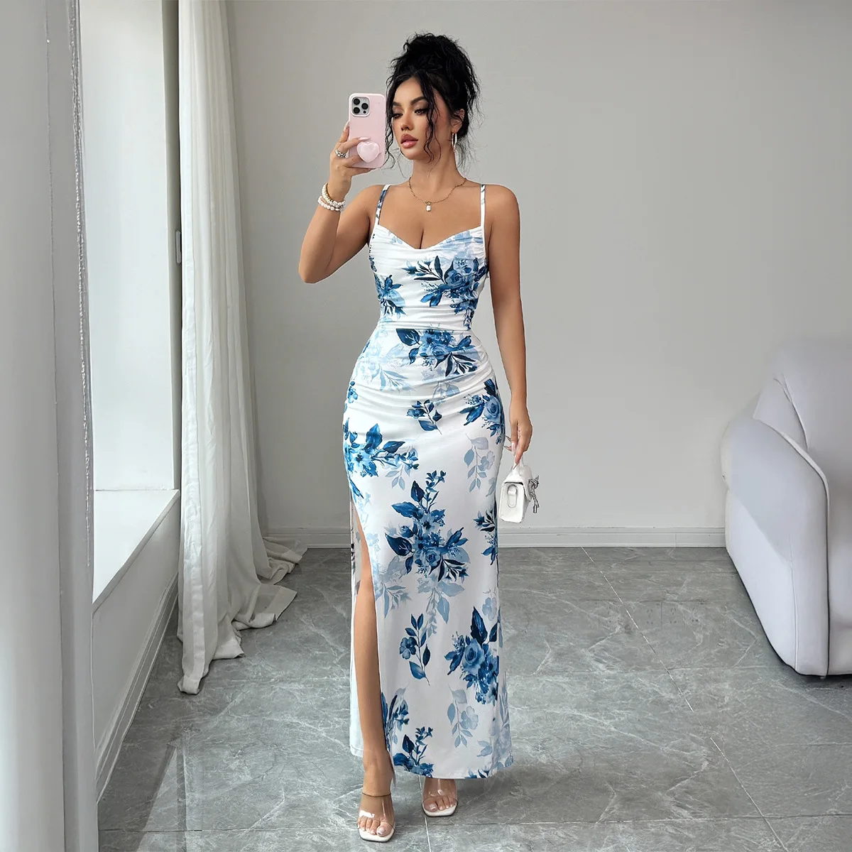 

Women's Dress Blue Floral Print Maxi Dress Spaghetti Strap Ruched Bodycon High Split Formal Evening Party Wedding Beach Gown
